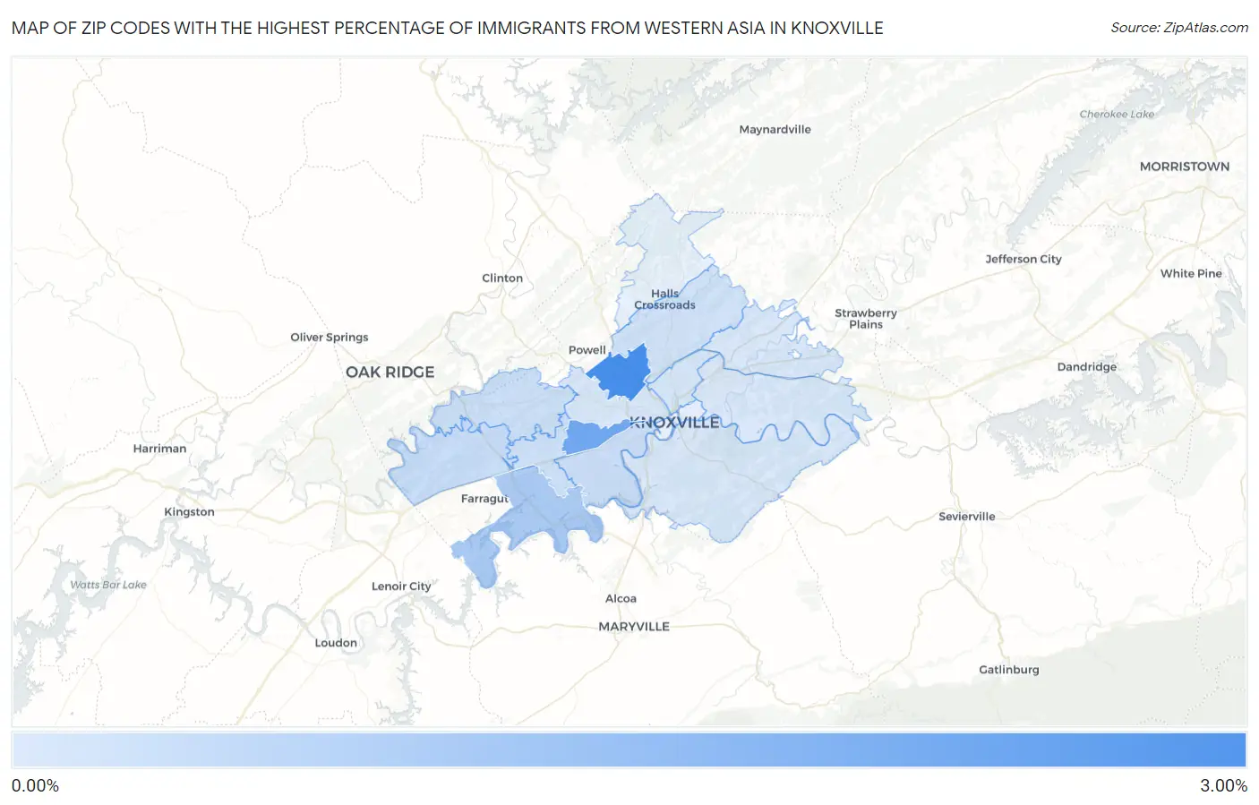 Zip Codes with the Highest Percentage of Immigrants from Western Asia in Knoxville Map