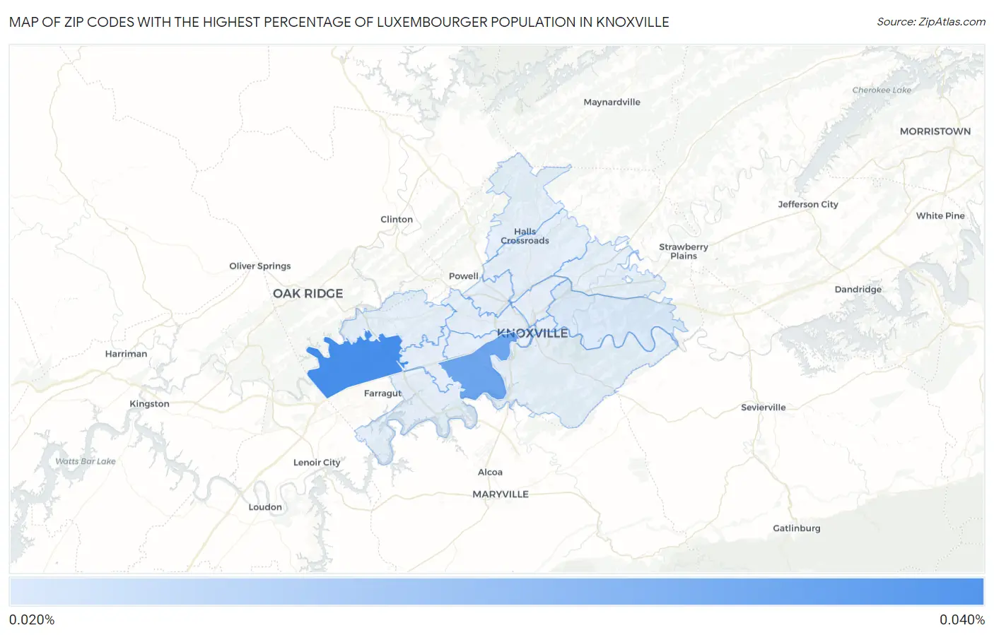 Zip Codes with the Highest Percentage of Luxembourger Population in Knoxville Map