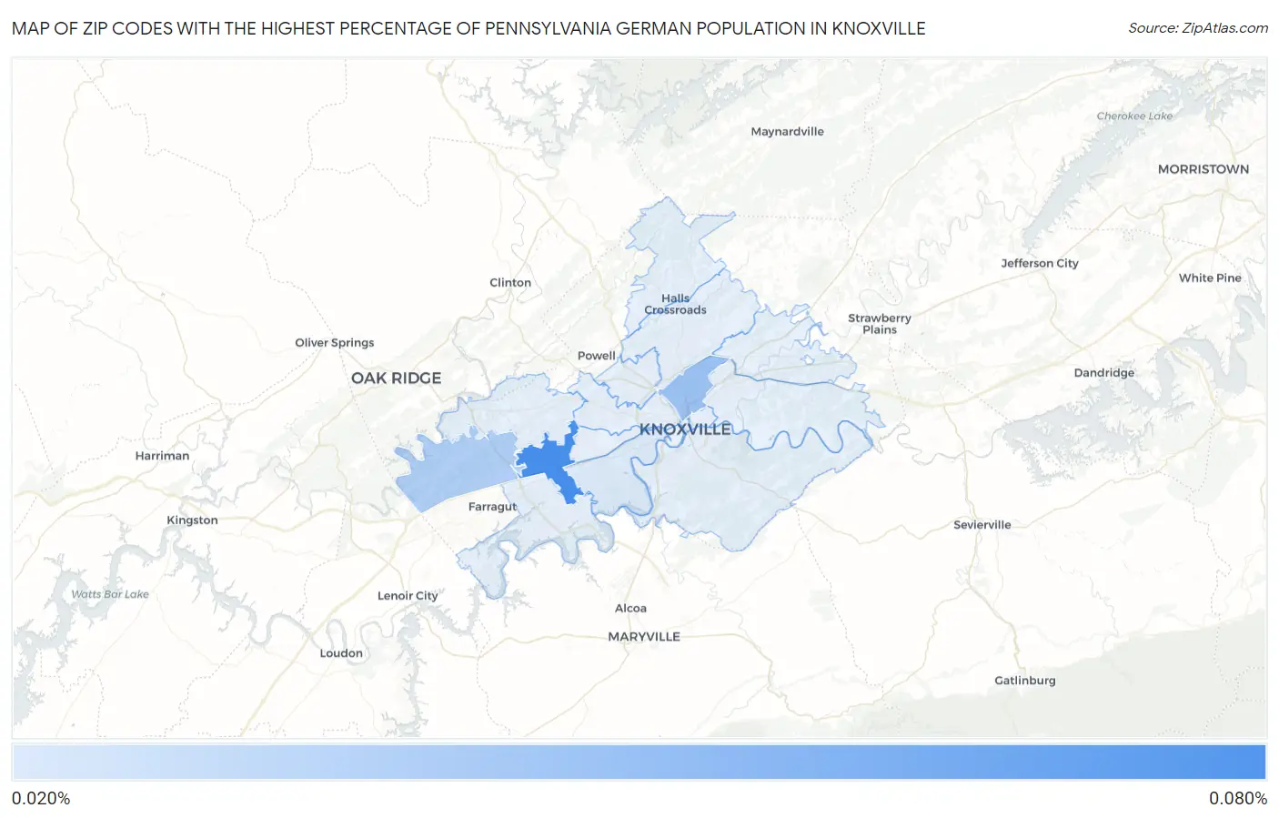 Zip Codes with the Highest Percentage of Pennsylvania German Population in Knoxville Map