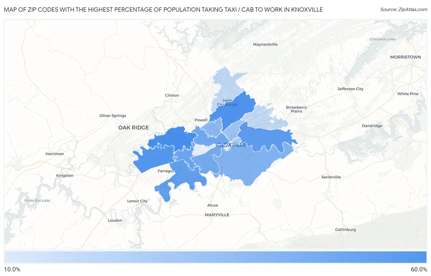 Zip Codes with the Highest Percentage of Population Taking Taxi / Cab to Work in Knoxville Map
