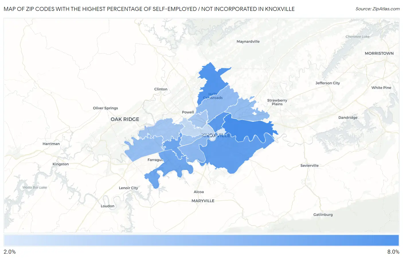 Zip Codes with the Highest Percentage of Self-Employed / Not Incorporated in Knoxville Map