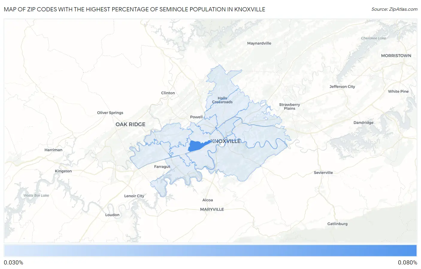 Zip Codes with the Highest Percentage of Seminole Population in Knoxville Map