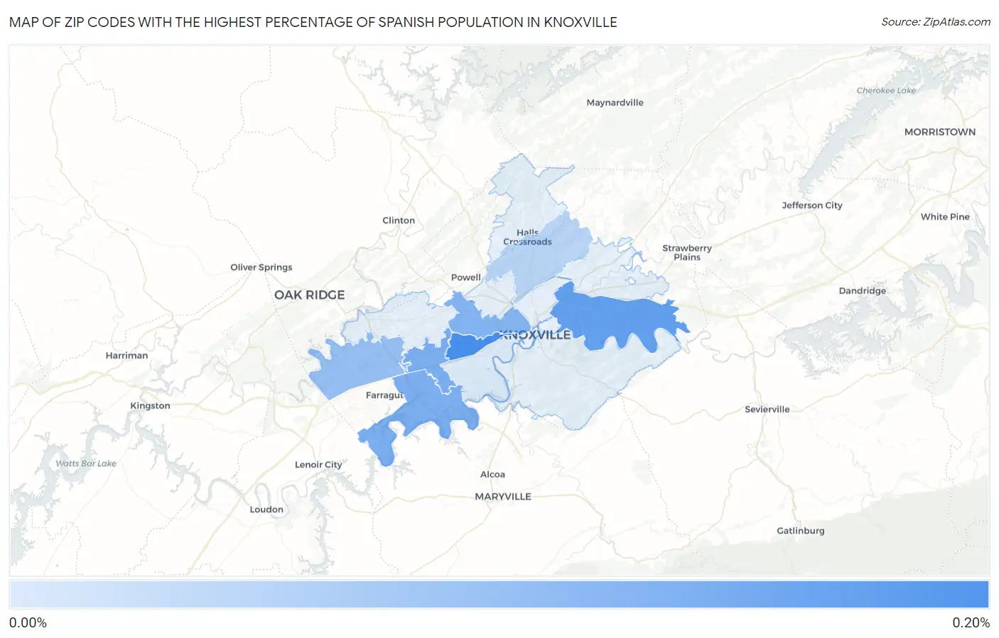 Zip Codes with the Highest Percentage of Spanish Population in Knoxville Map