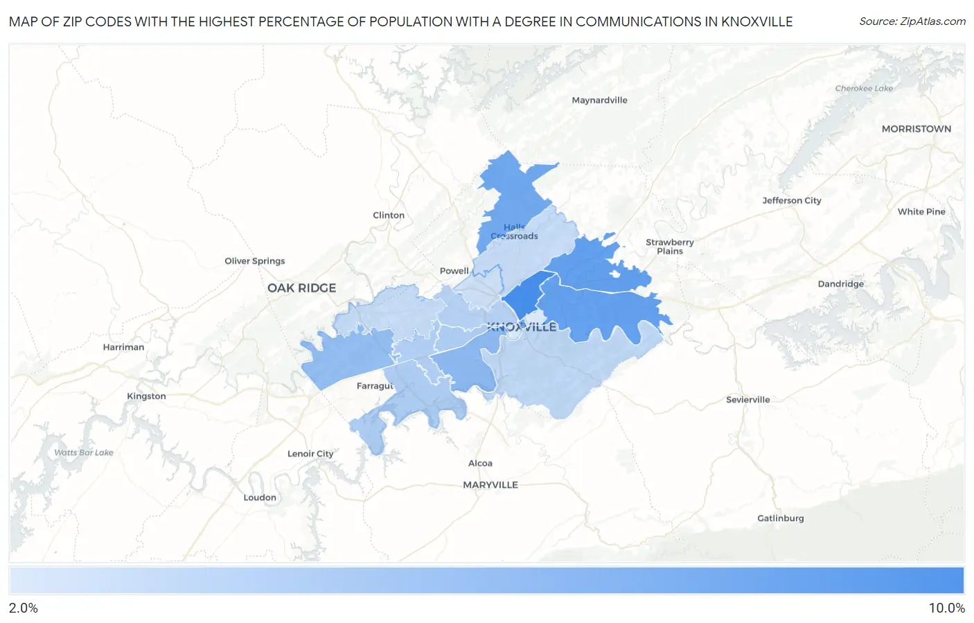 Zip Codes with the Highest Percentage of Population with a Degree in Communications in Knoxville Map