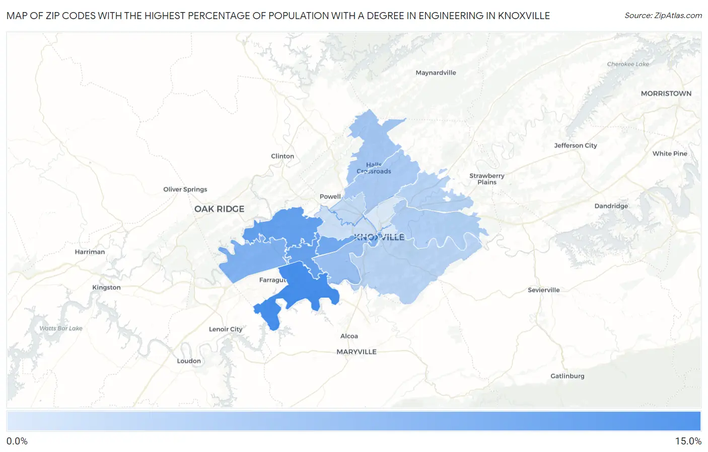 Zip Codes with the Highest Percentage of Population with a Degree in Engineering in Knoxville Map