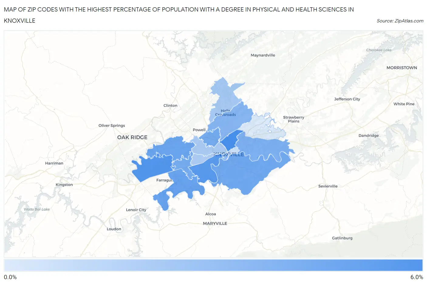 Zip Codes with the Highest Percentage of Population with a Degree in Physical and Health Sciences in Knoxville Map