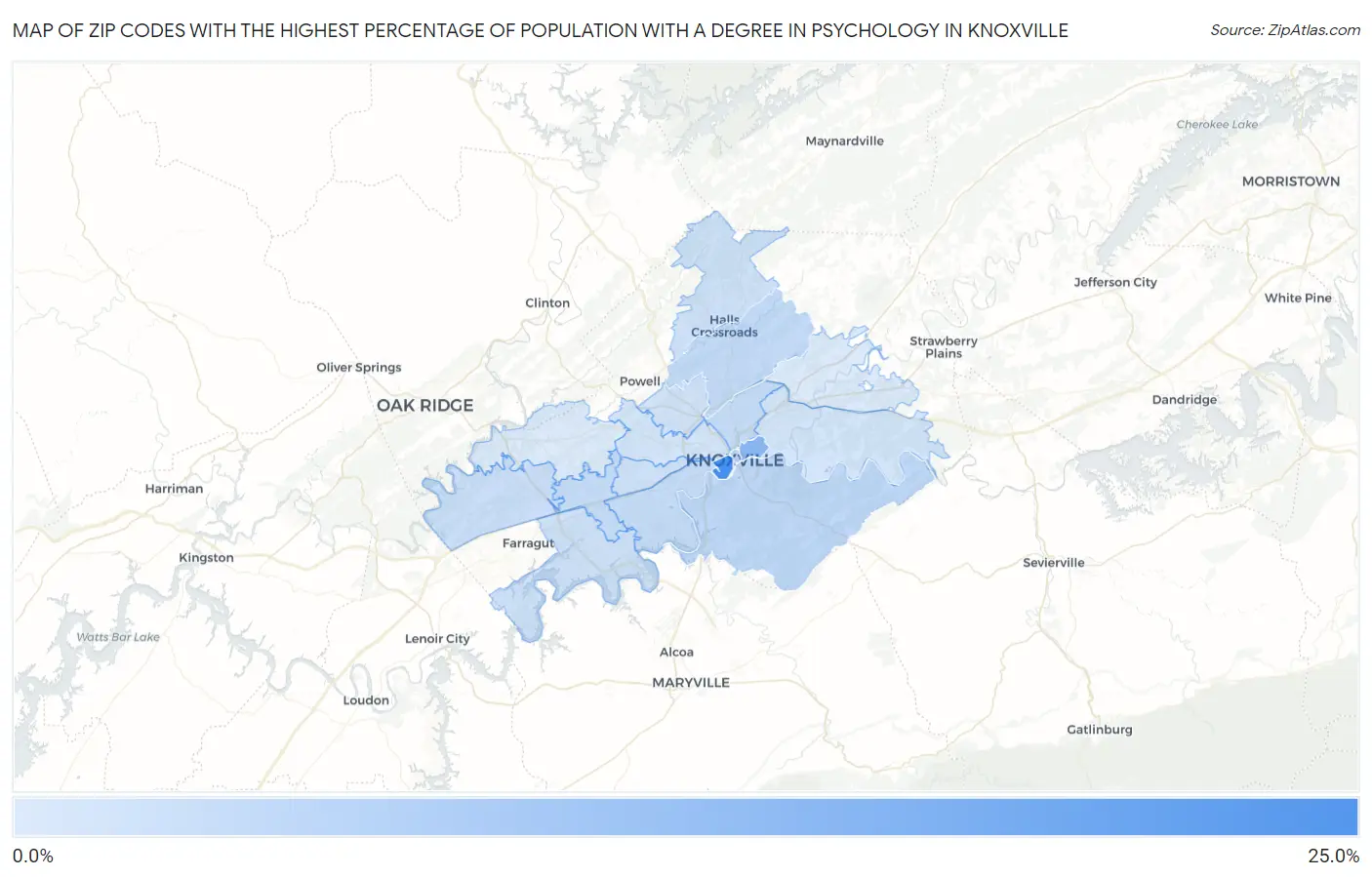Zip Codes with the Highest Percentage of Population with a Degree in Psychology in Knoxville Map