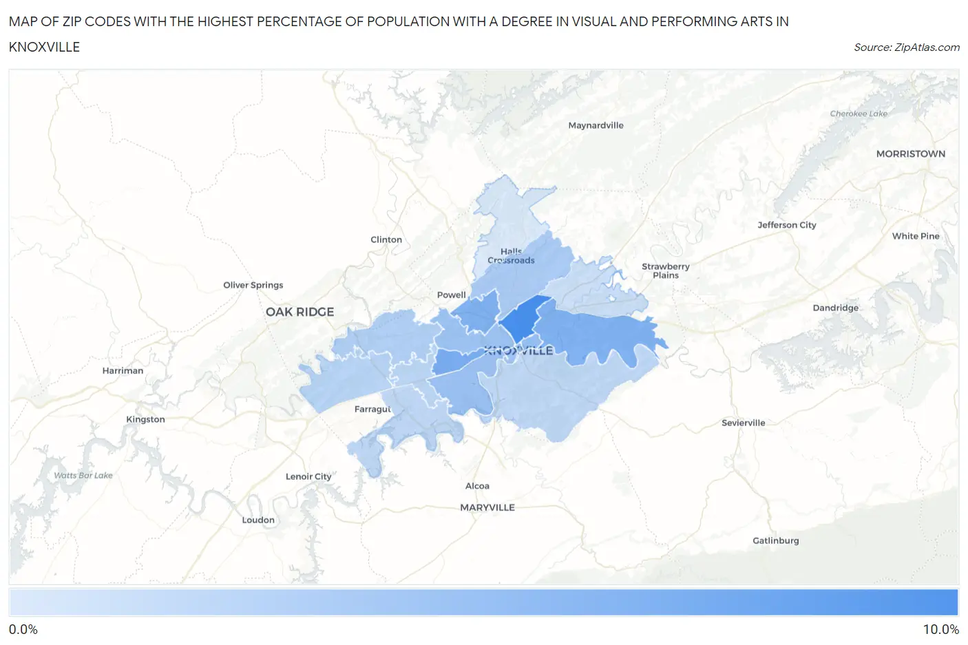 Zip Codes with the Highest Percentage of Population with a Degree in Visual and Performing Arts in Knoxville Map