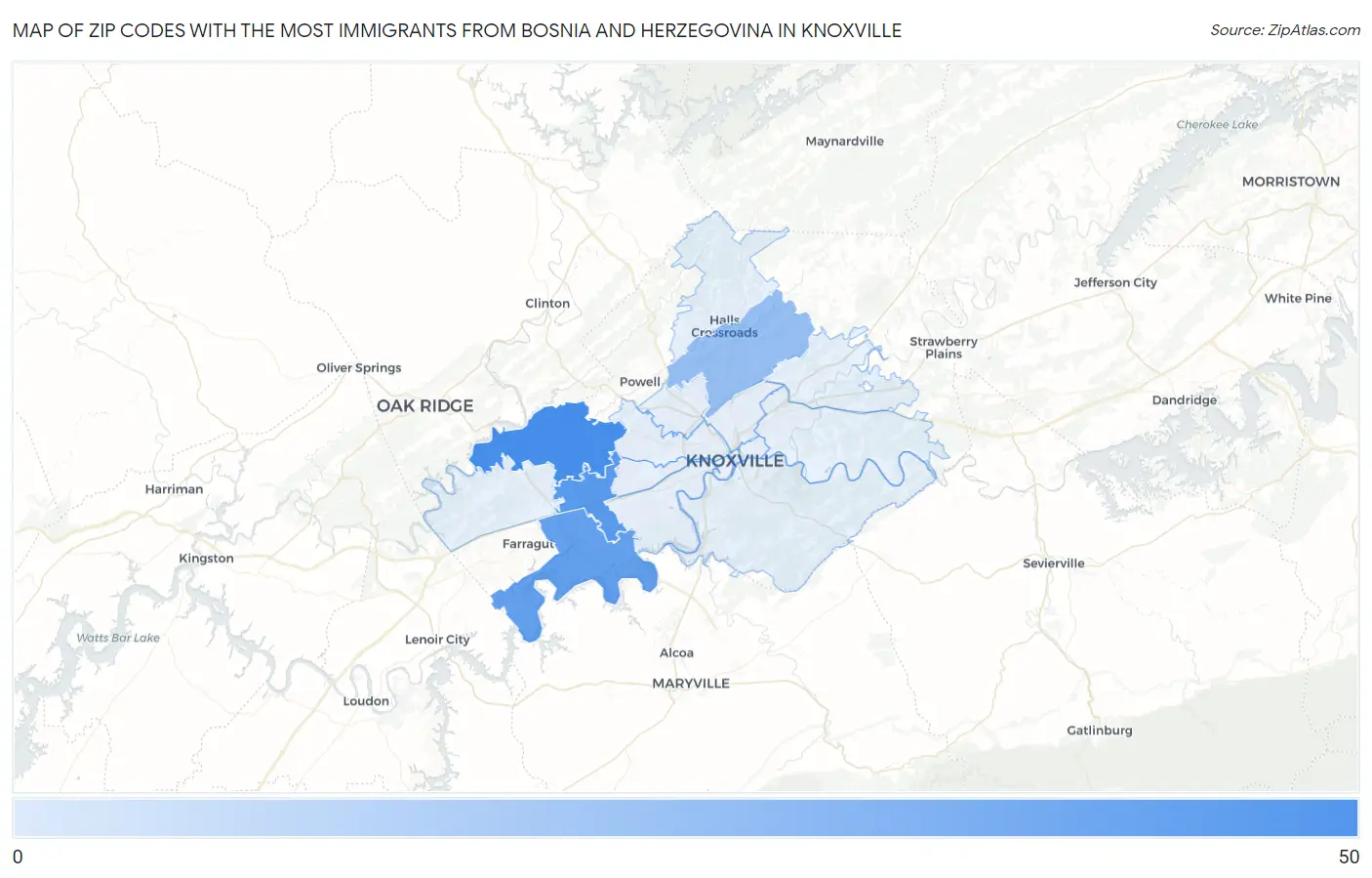 Zip Codes with the Most Immigrants from Bosnia and Herzegovina in Knoxville Map