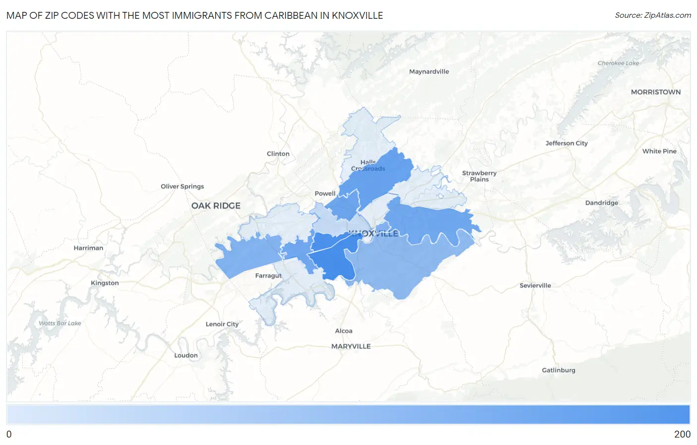 Zip Codes with the Most Immigrants from Caribbean in Knoxville Map