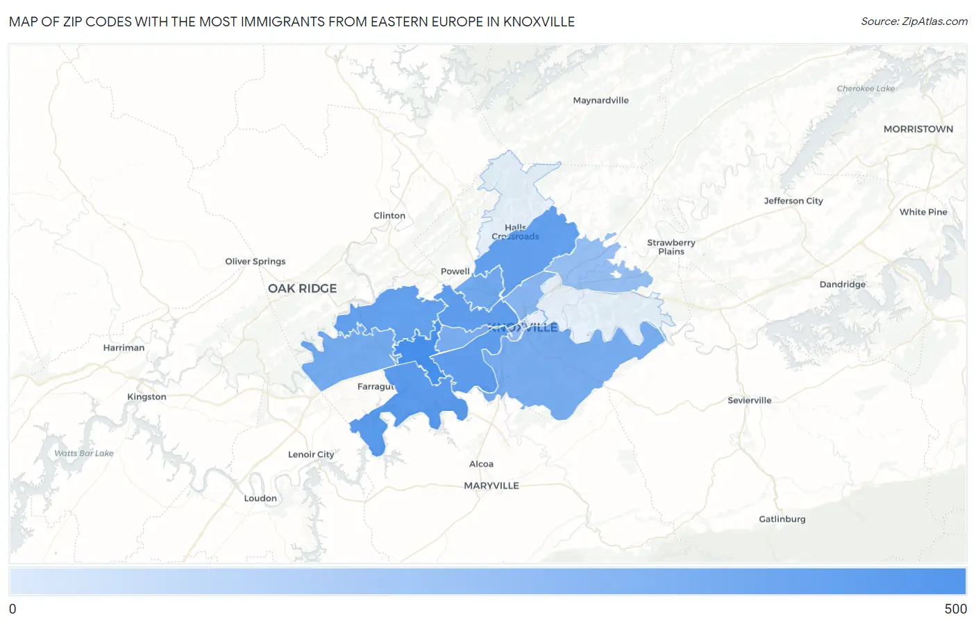Zip Codes with the Most Immigrants from Eastern Europe in Knoxville Map
