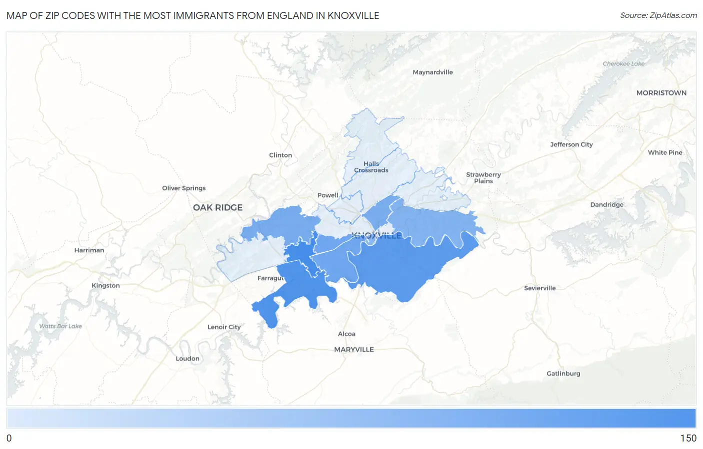 Zip Codes with the Most Immigrants from England in Knoxville Map