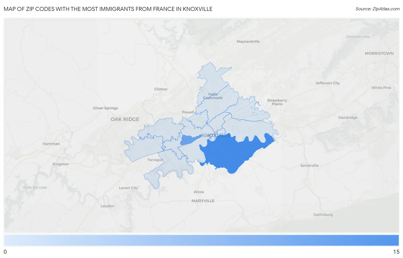 Zip Codes with the Most Immigrants from France in Knoxville Map