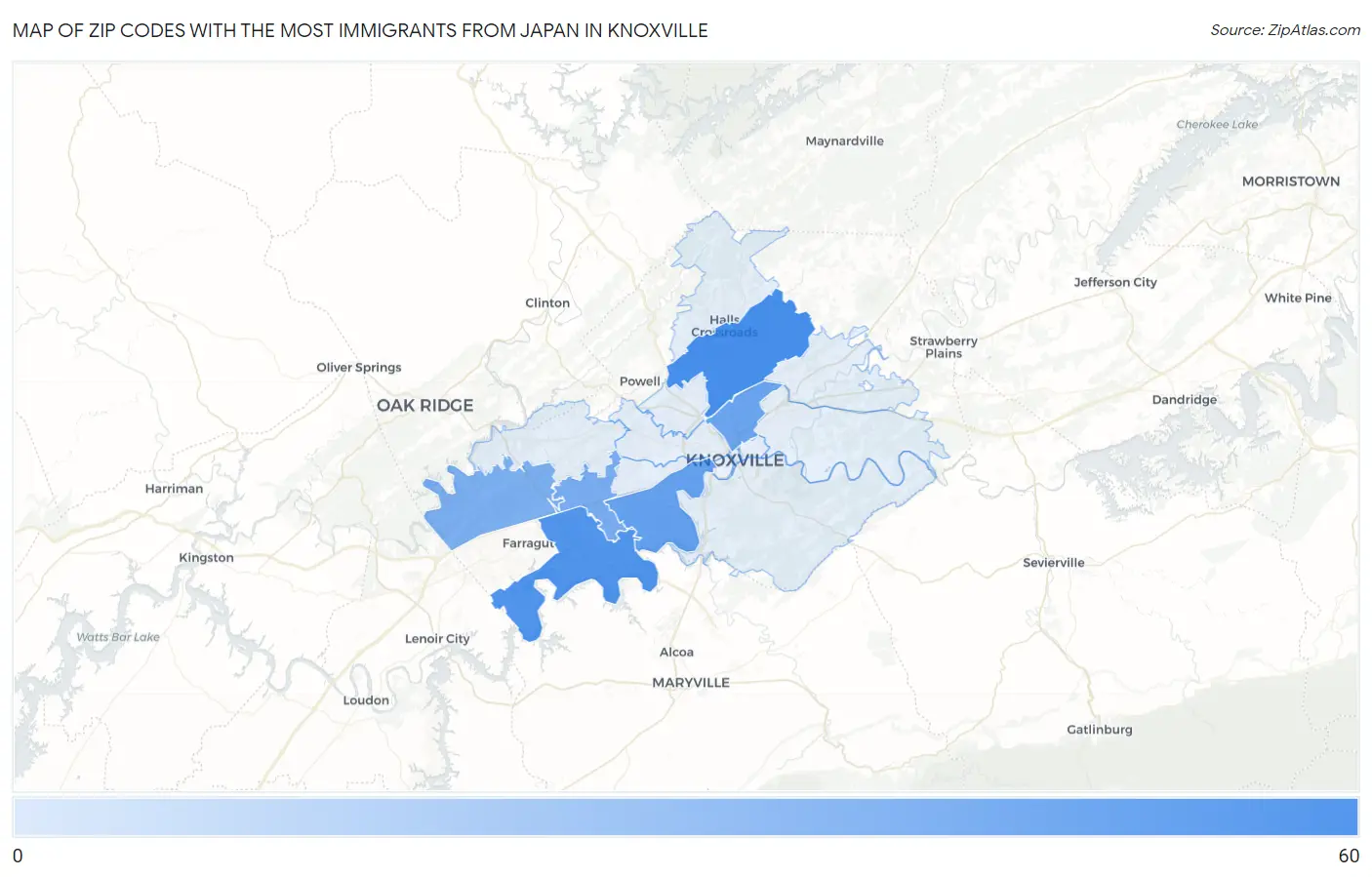 Zip Codes with the Most Immigrants from Japan in Knoxville Map