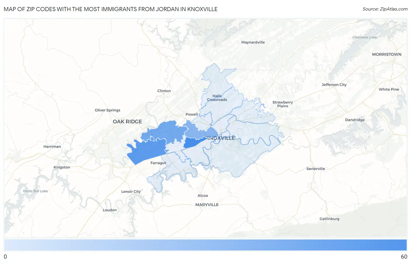Zip Codes with the Most Immigrants from Jordan in Knoxville Map