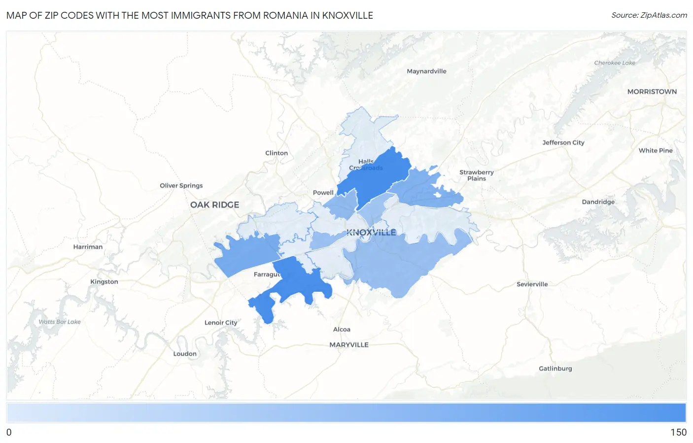Zip Codes with the Most Immigrants from Romania in Knoxville Map