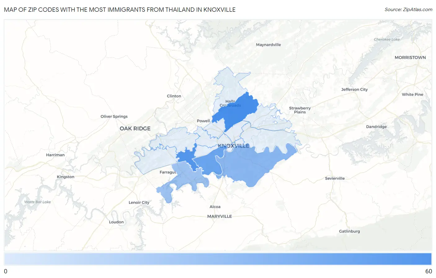 Zip Codes with the Most Immigrants from Thailand in Knoxville Map