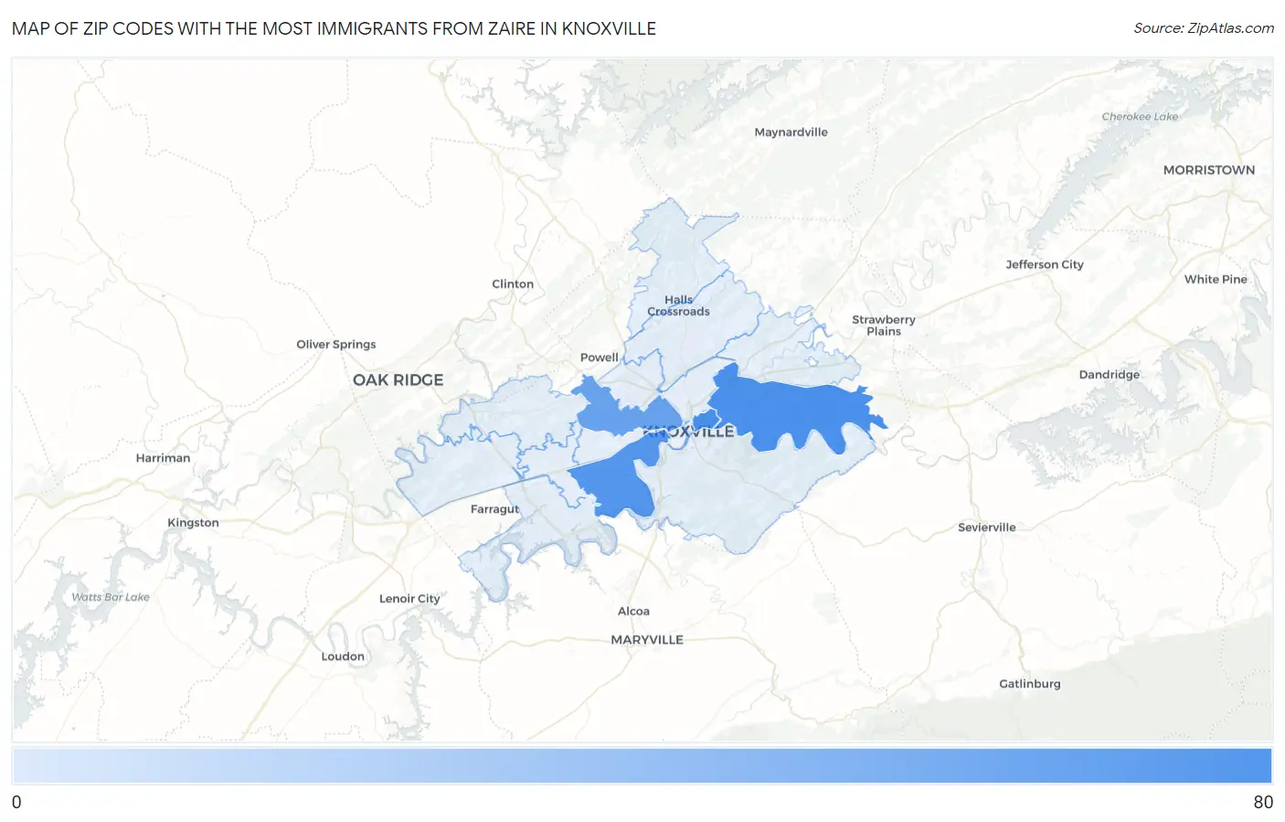 Zip Codes with the Most Immigrants from Zaire in Knoxville Map