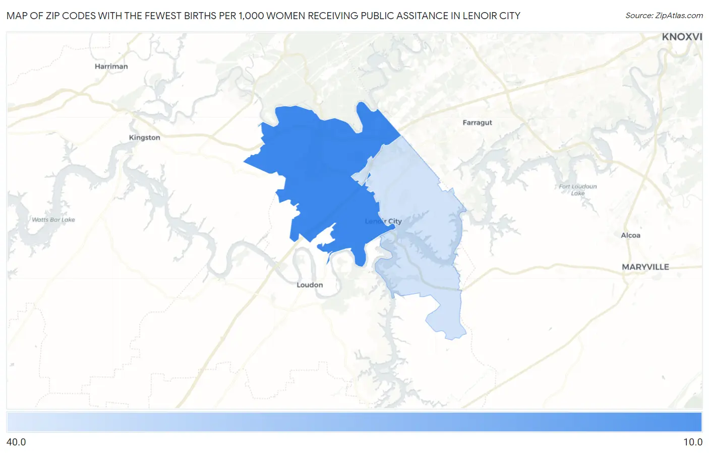 Zip Codes with the Fewest Births per 1,000 Women Receiving Public Assitance in Lenoir City Map