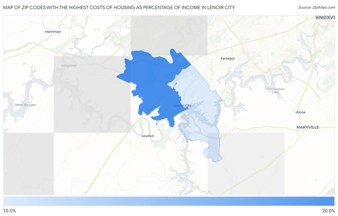 Zip Codes with the Highest Costs of Housing as Percentage of Income in Lenoir City Map