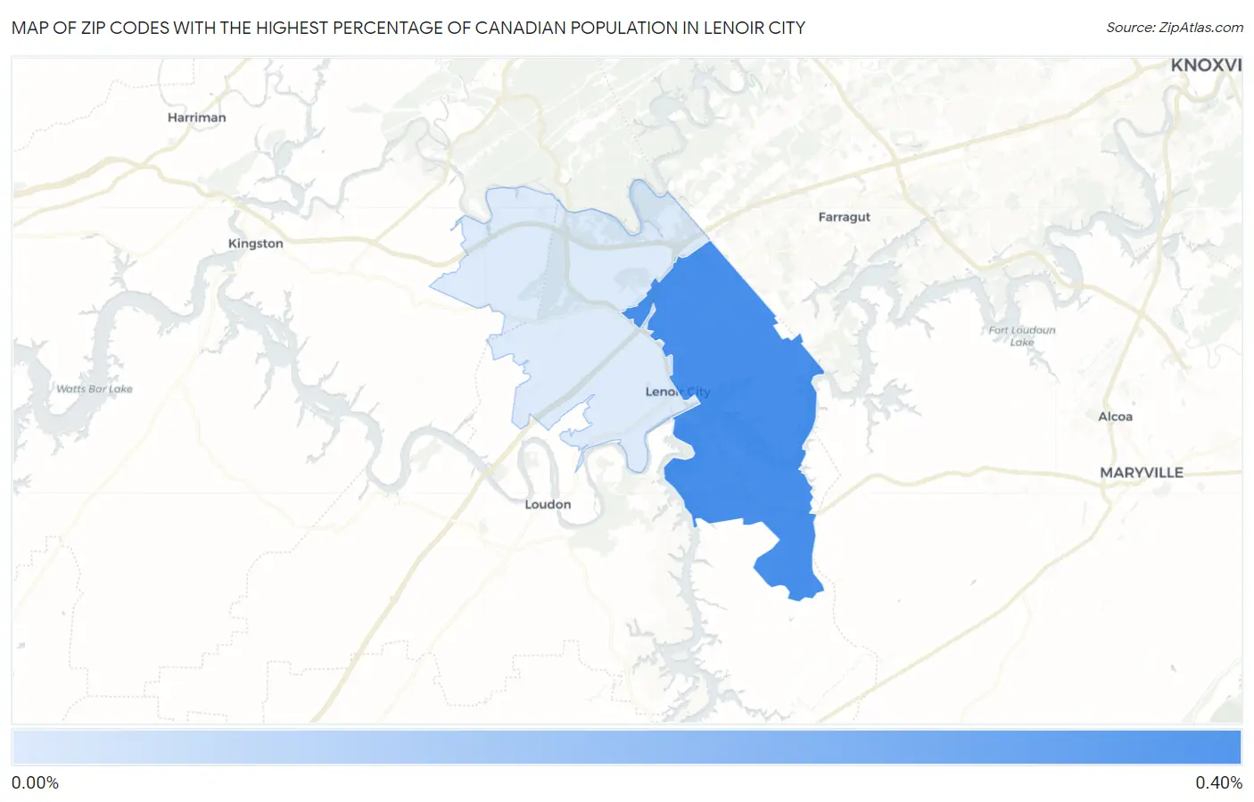 Zip Codes with the Highest Percentage of Canadian Population in Lenoir City Map