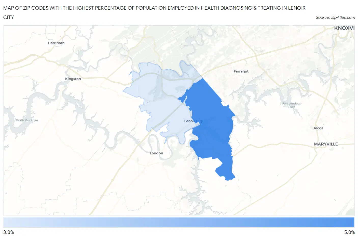 Zip Codes with the Highest Percentage of Population Employed in Health Diagnosing & Treating in Lenoir City Map