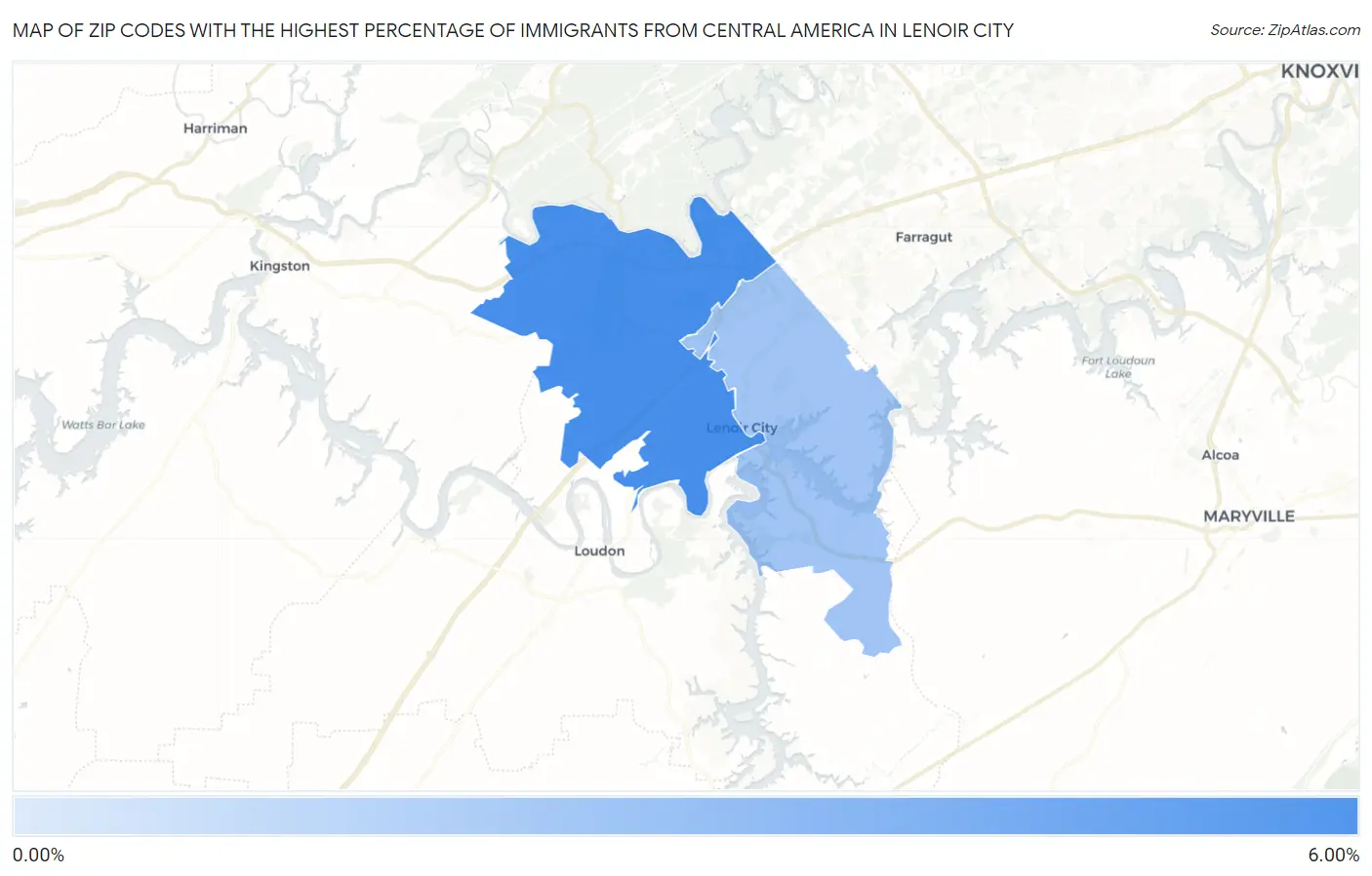 Zip Codes with the Highest Percentage of Immigrants from Central America in Lenoir City Map