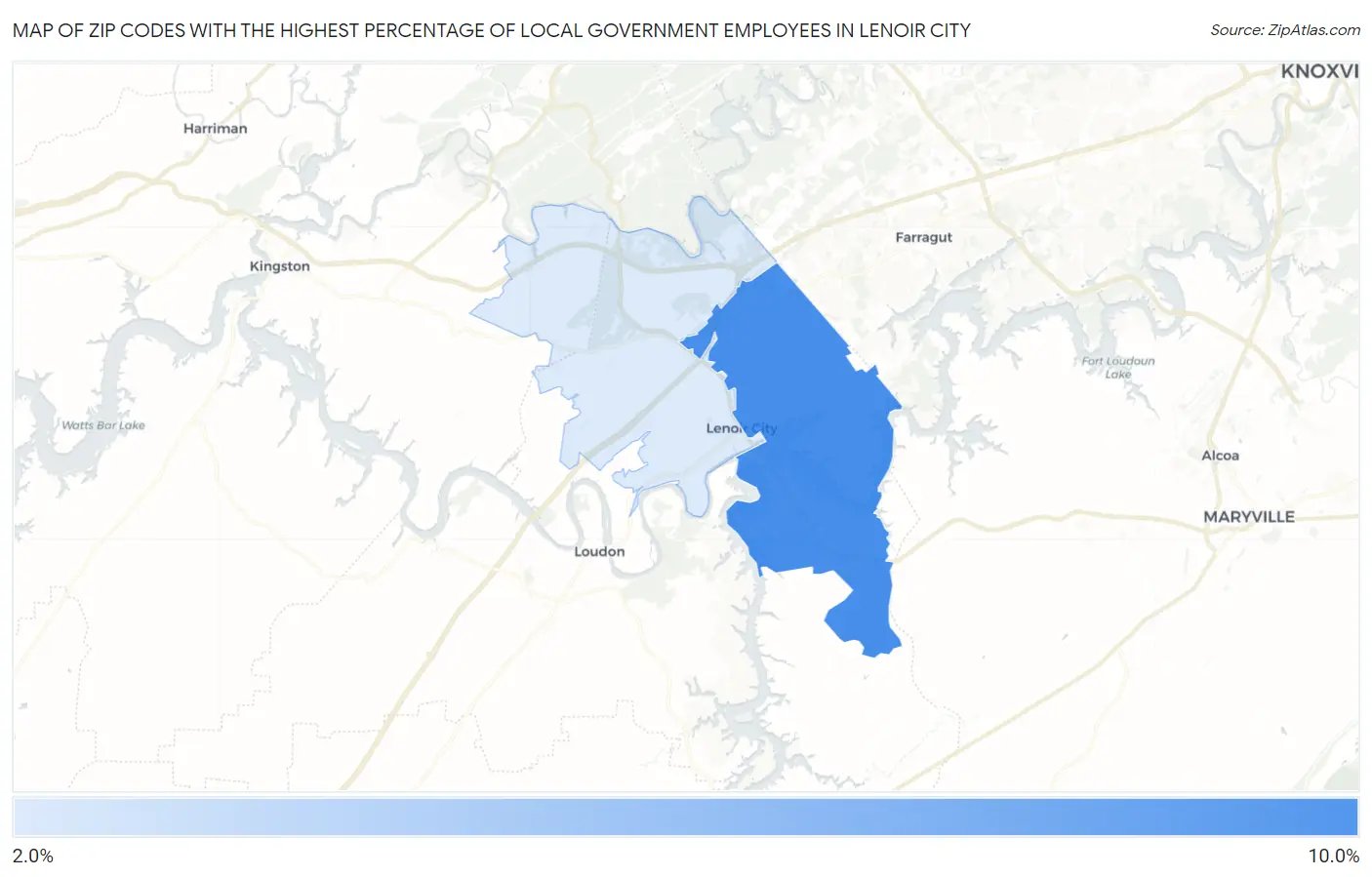 Zip Codes with the Highest Percentage of Local Government Employees in Lenoir City Map