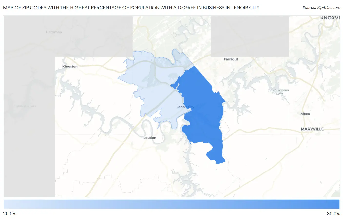 Zip Codes with the Highest Percentage of Population with a Degree in Business in Lenoir City Map