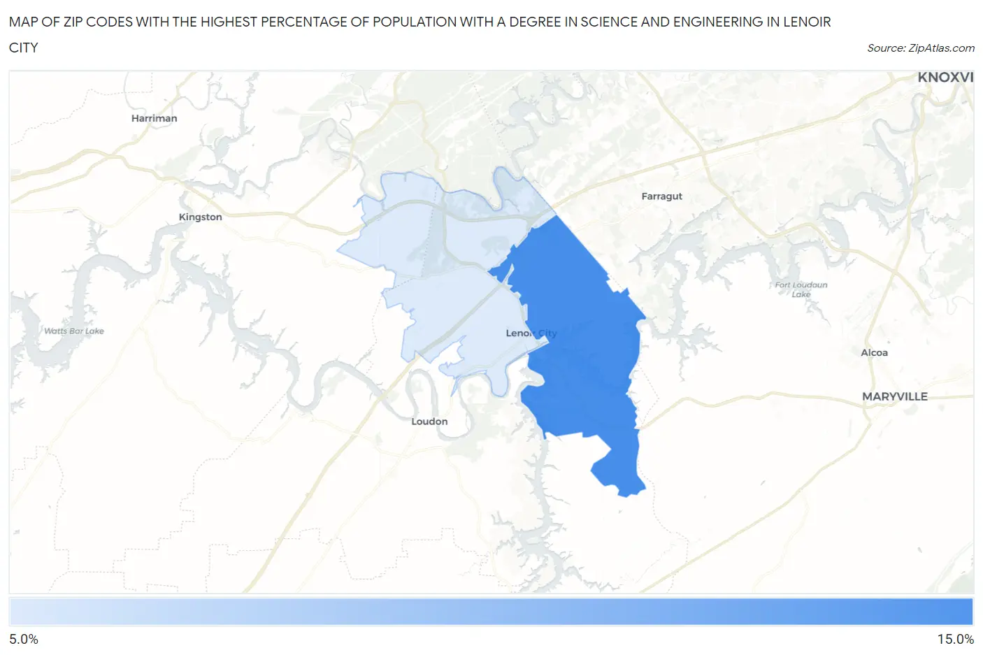 Zip Codes with the Highest Percentage of Population with a Degree in Science and Engineering in Lenoir City Map