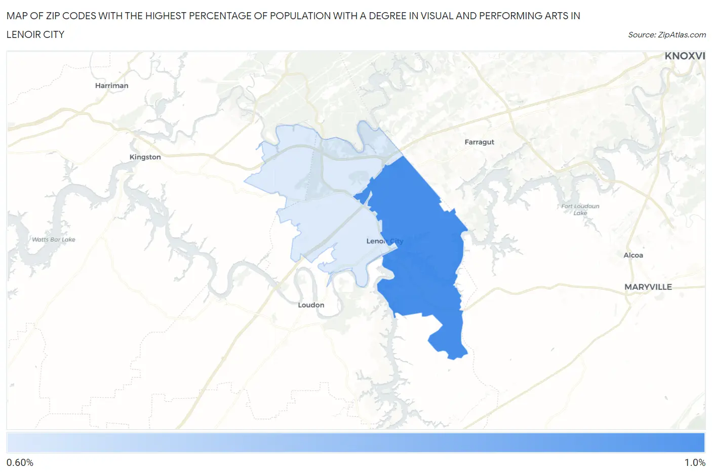 Zip Codes with the Highest Percentage of Population with a Degree in Visual and Performing Arts in Lenoir City Map