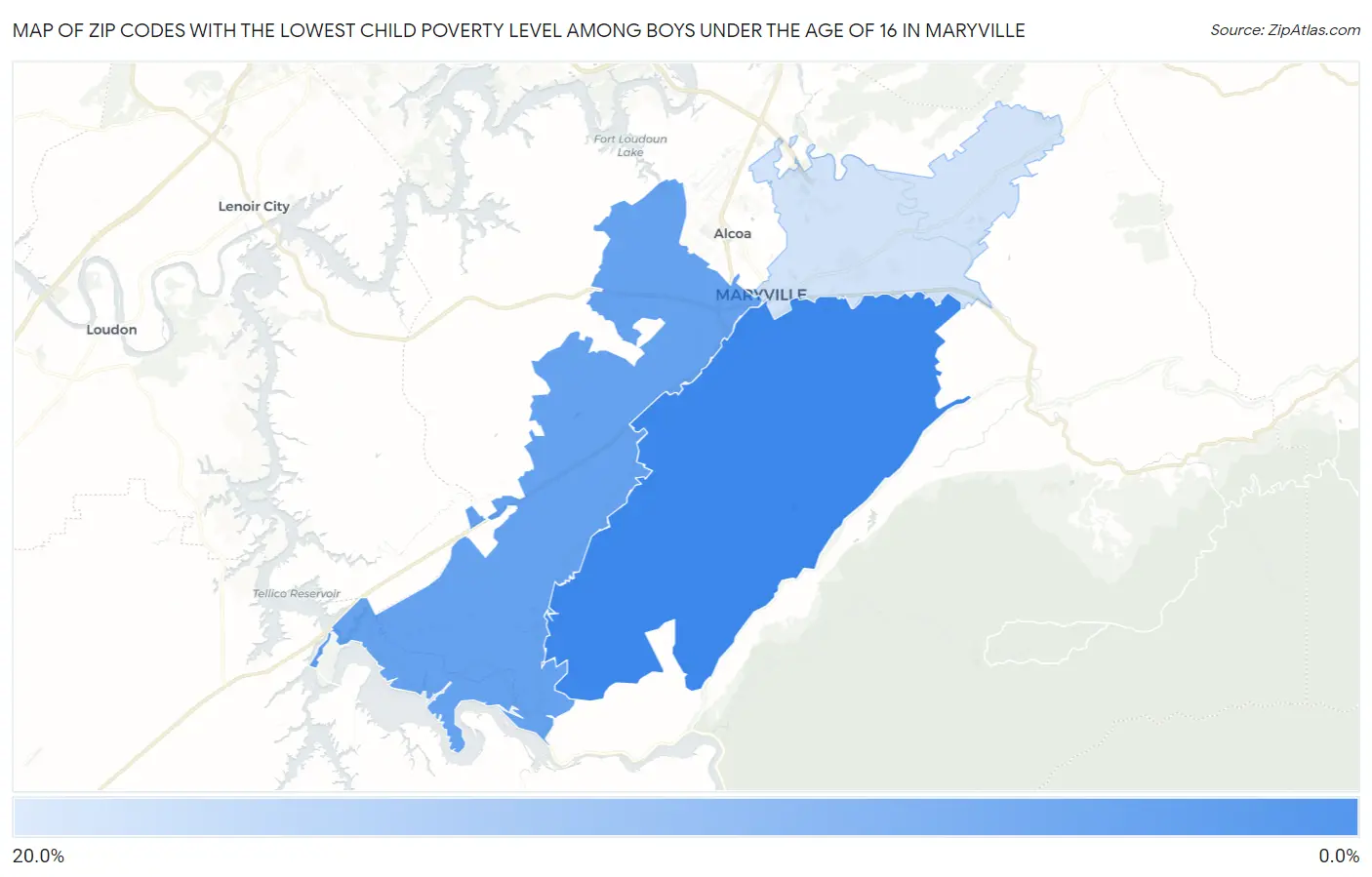Zip Codes with the Lowest Child Poverty Level Among Boys Under the Age of 16 in Maryville Map
