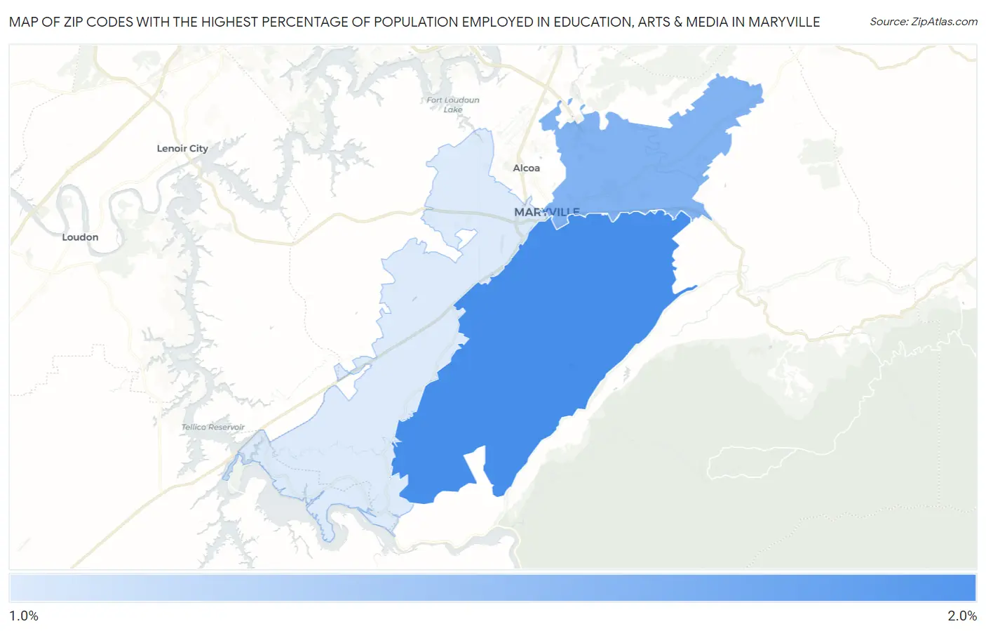 Zip Codes with the Highest Percentage of Population Employed in Education, Arts & Media in Maryville Map