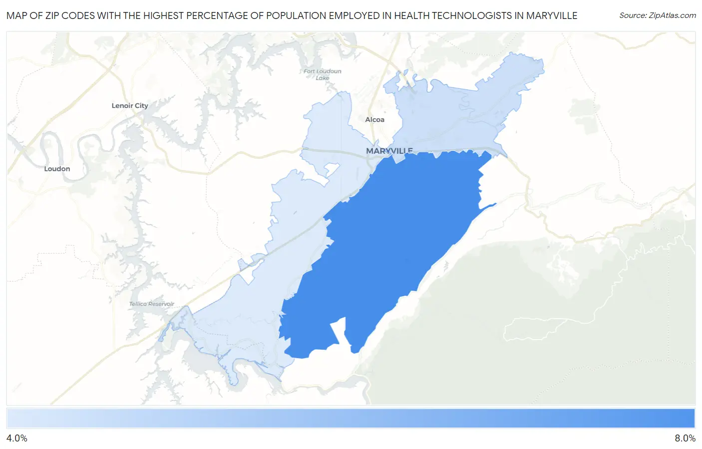 Zip Codes with the Highest Percentage of Population Employed in Health Technologists in Maryville Map