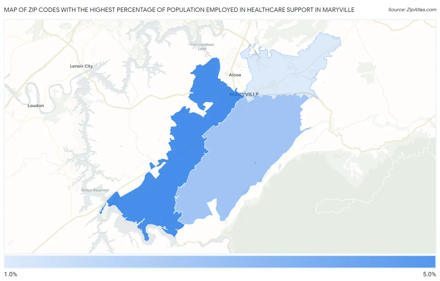 Zip Codes with the Highest Percentage of Population Employed in Healthcare Support in Maryville Map