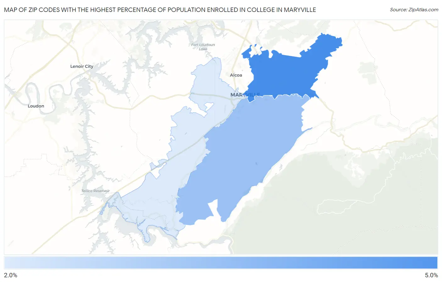 Zip Codes with the Highest Percentage of Population Enrolled in College in Maryville Map