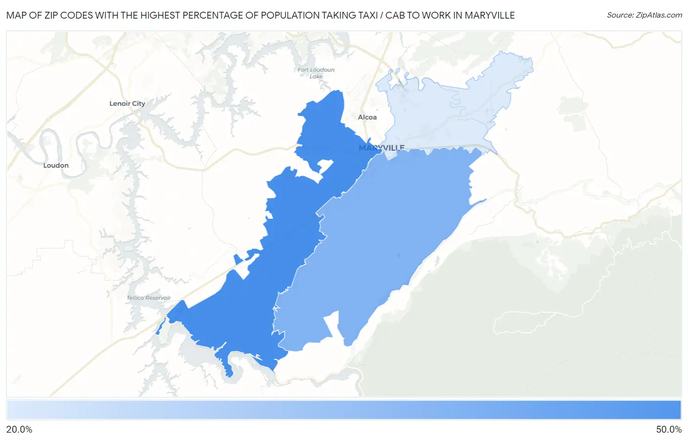 Zip Codes with the Highest Percentage of Population Taking Taxi / Cab to Work in Maryville Map