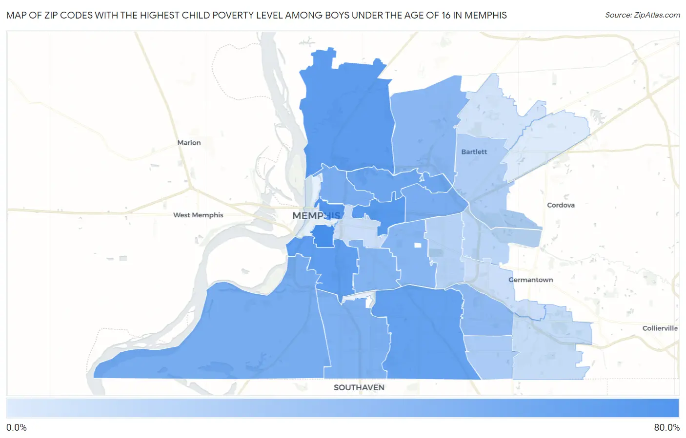 Zip Codes with the Highest Child Poverty Level Among Boys Under the Age of 16 in Memphis Map