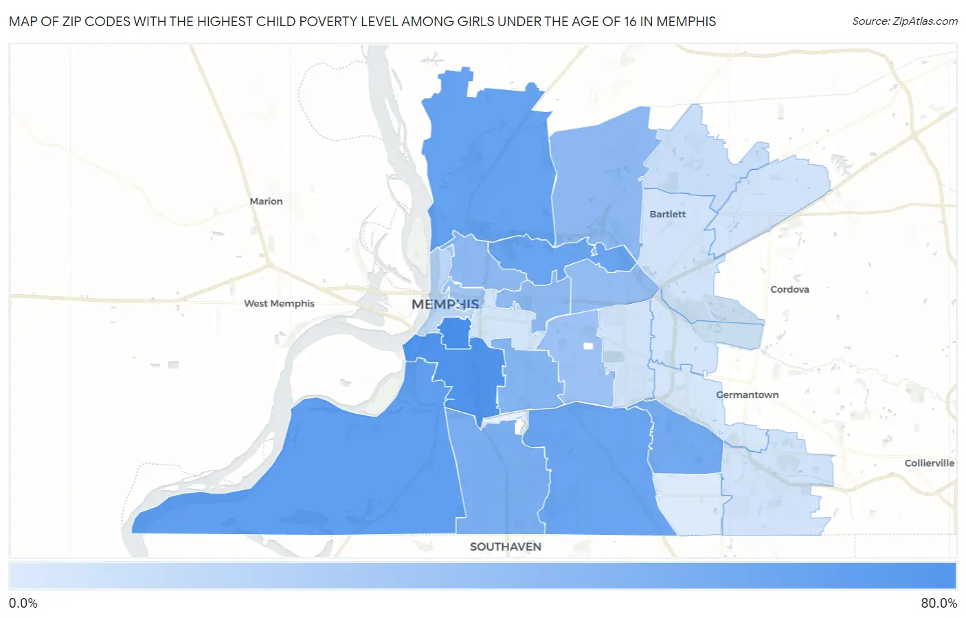 Zip Codes with the Highest Child Poverty Level Among Girls Under the Age of 16 in Memphis Map