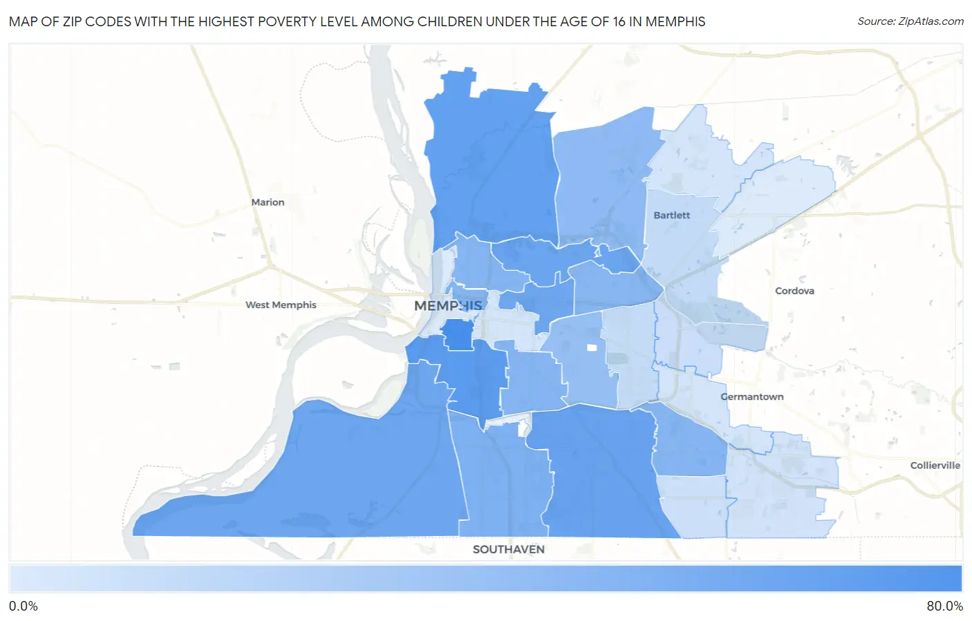 Zip Codes with the Highest Poverty Level Among Children Under the Age of 16 in Memphis Map