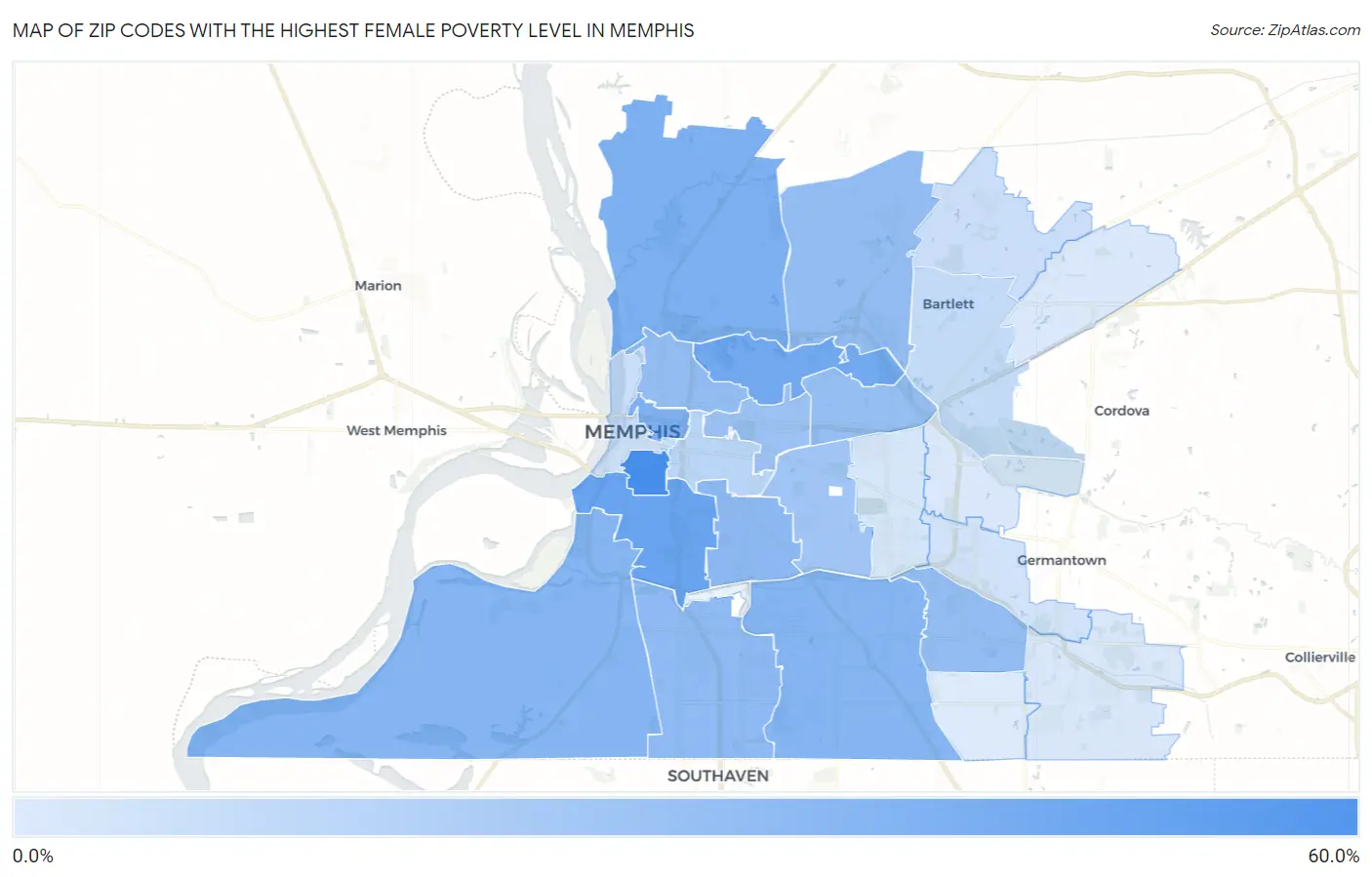 Zip Codes with the Highest Female Poverty Level in Memphis Map