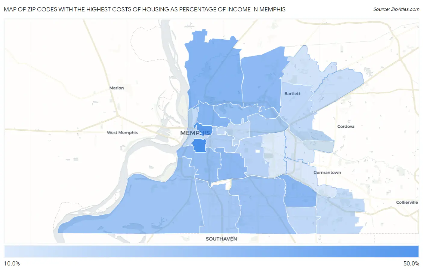 Zip Codes with the Highest Costs of Housing as Percentage of Income in Memphis Map