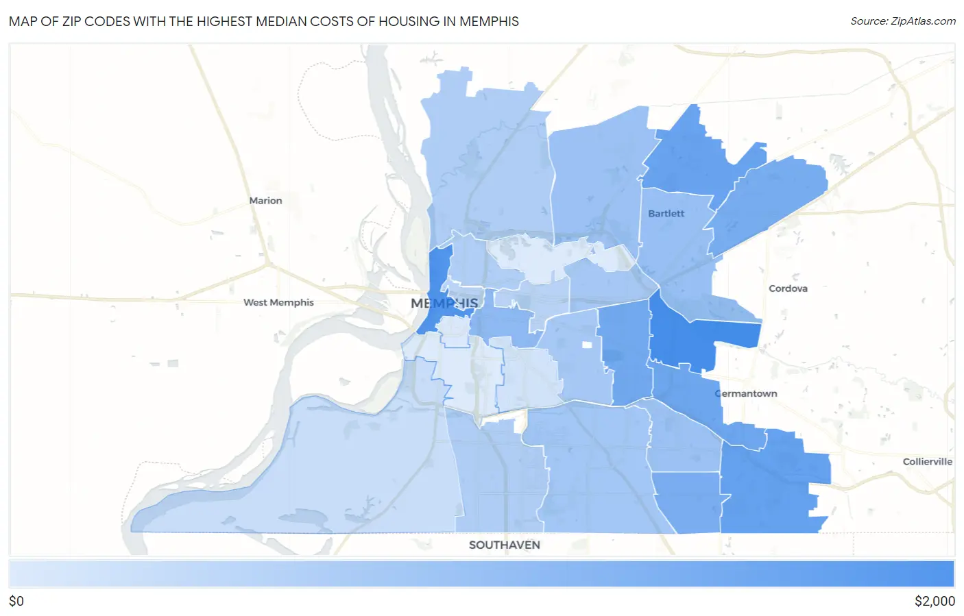 Zip Codes with the Highest Median Costs of Housing in Memphis Map