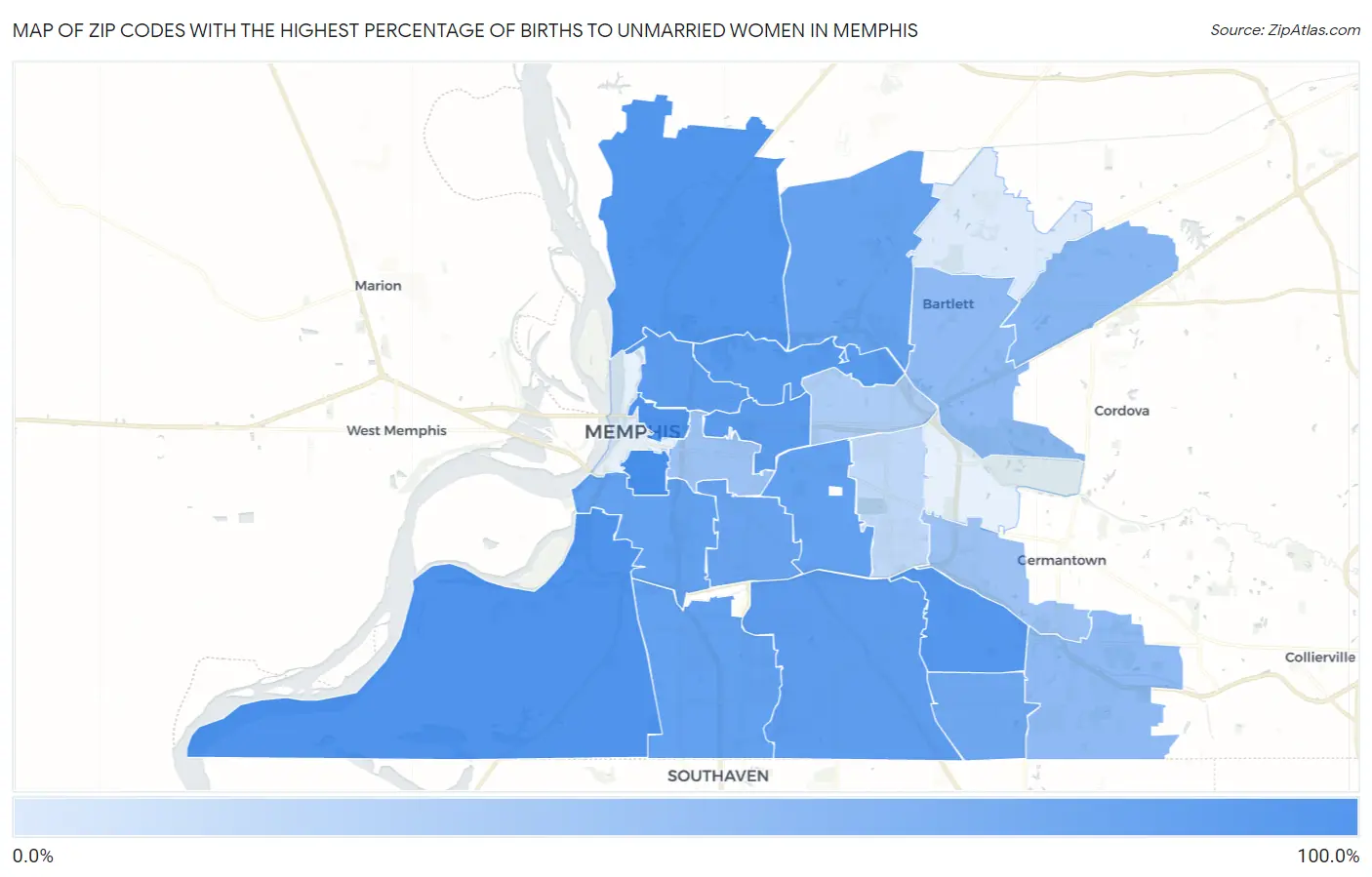 Zip Codes with the Highest Percentage of Births to Unmarried Women in Memphis Map