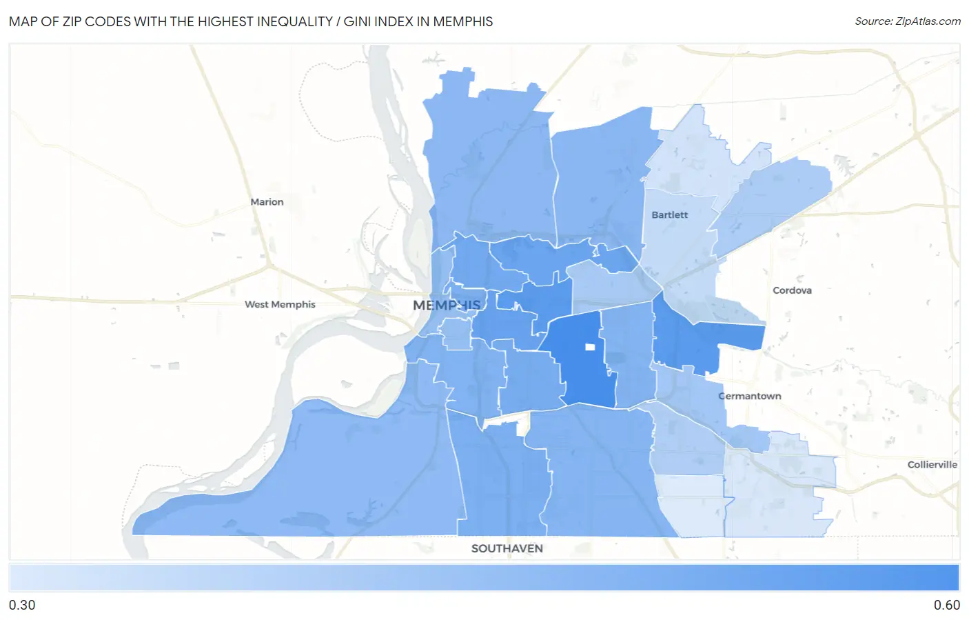 Zip Codes with the Highest Inequality / Gini Index in Memphis Map