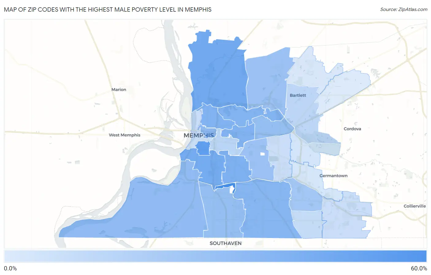 Zip Codes with the Highest Male Poverty Level in Memphis Map
