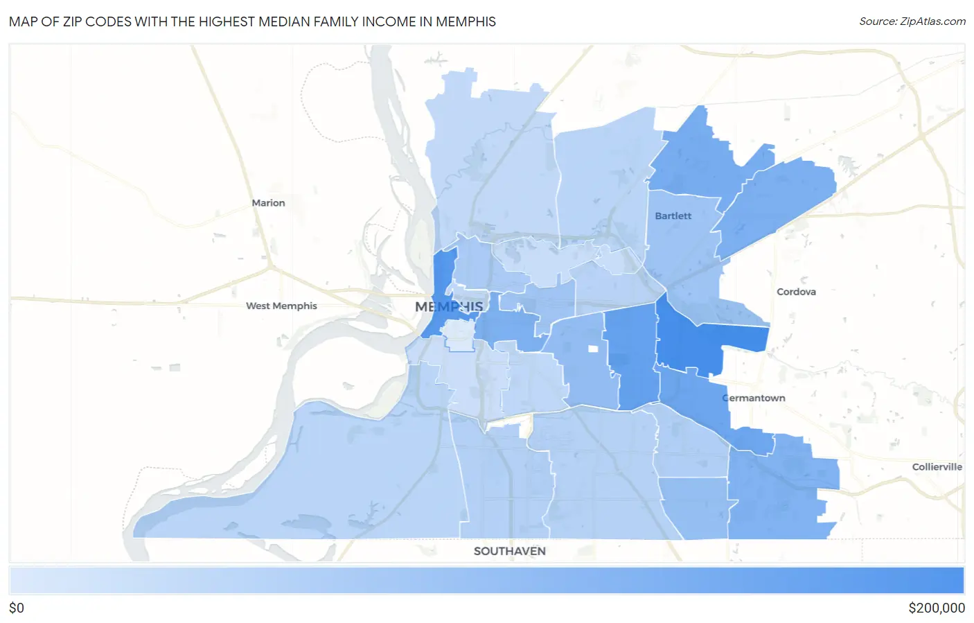 Zip Codes with the Highest Median Family Income in Memphis Map