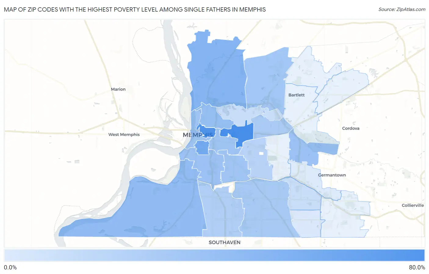 Zip Codes with the Highest Poverty Level Among Single Fathers in Memphis Map