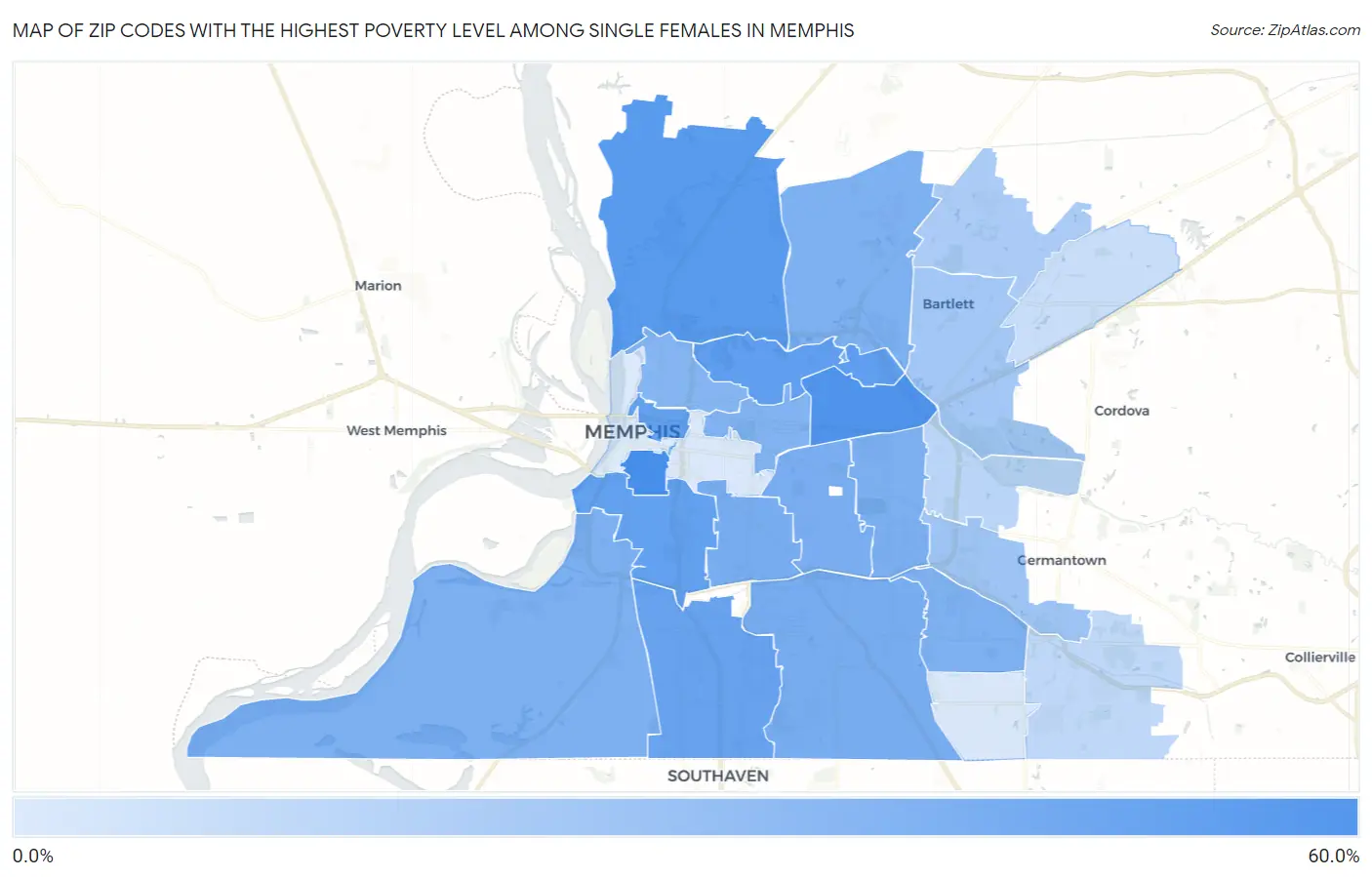 Zip Codes with the Highest Poverty Level Among Single Females in Memphis Map