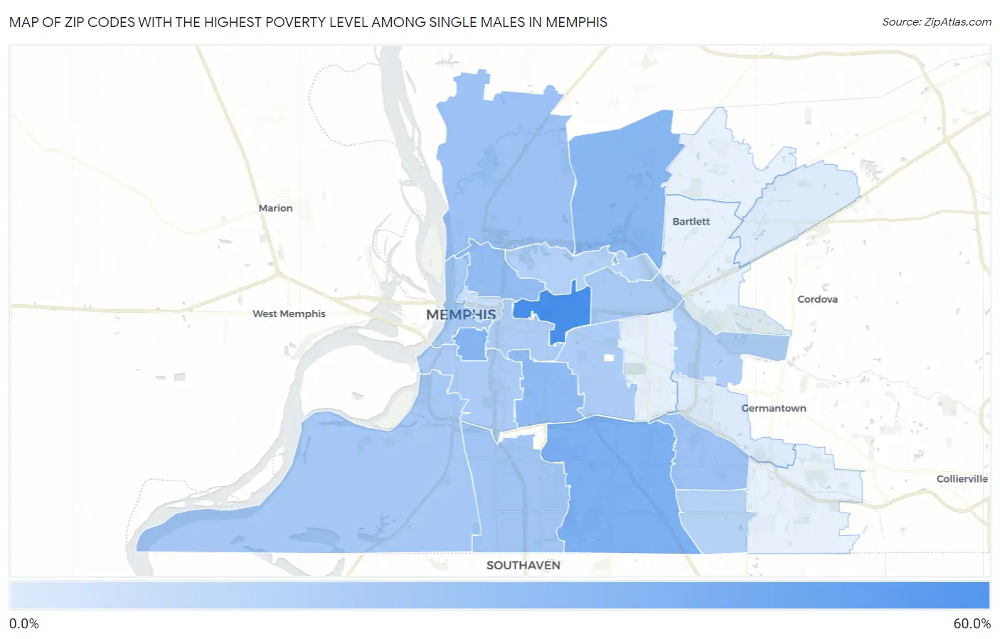Zip Codes with the Highest Poverty Level Among Single Males in Memphis Map